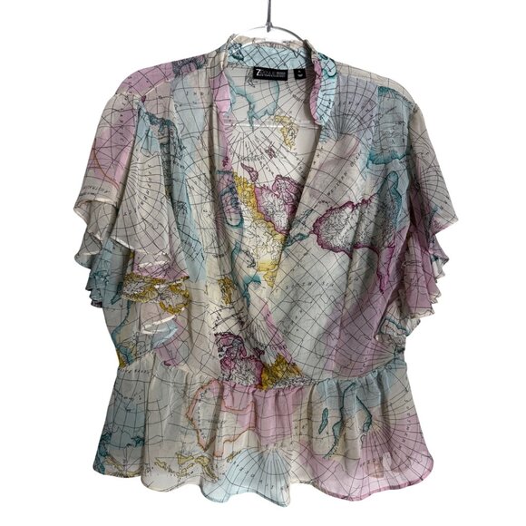 7th Avenue Design Studio New York & Company Map Print Blouse shirt Top pastel XL - Picture 1 of 8